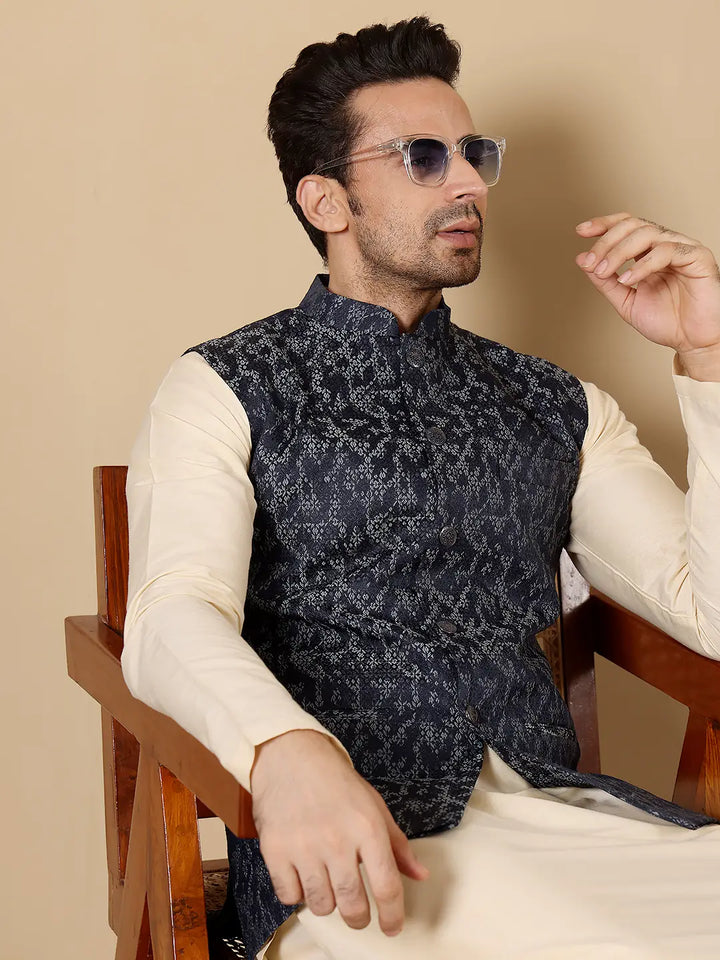 Men's Woven Design Blue Embroidered Nehru Jacket