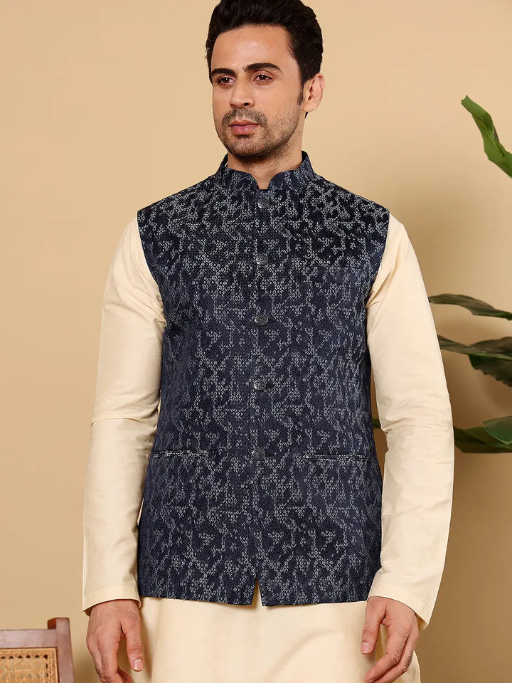 Men's Woven Design Blue Embroidered Nehru Jacket