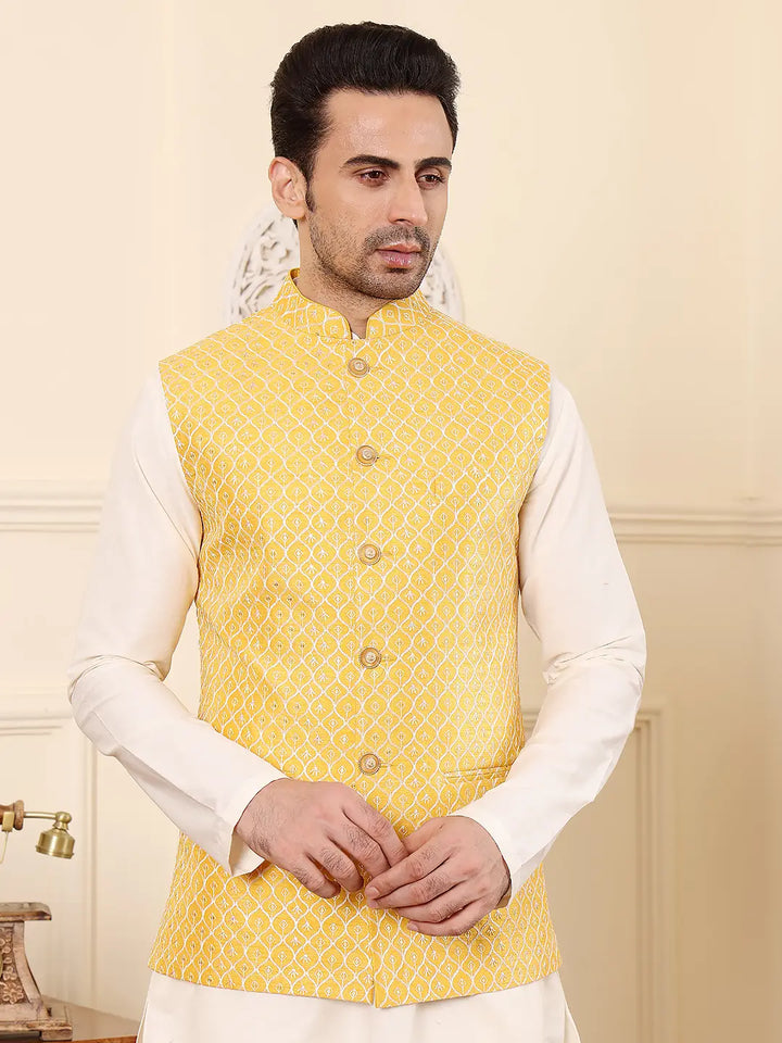 Men's Woven Design Yellow Embroidered Nehru Jacket