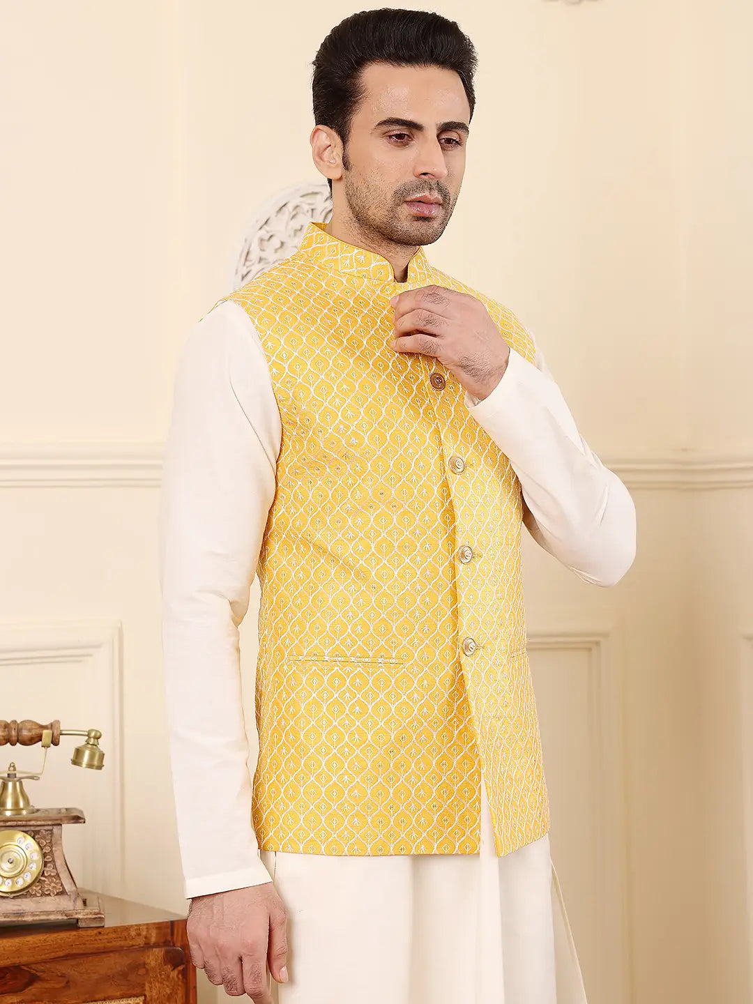 Men's Woven Design Yellow Embroidered Nehru Jacket