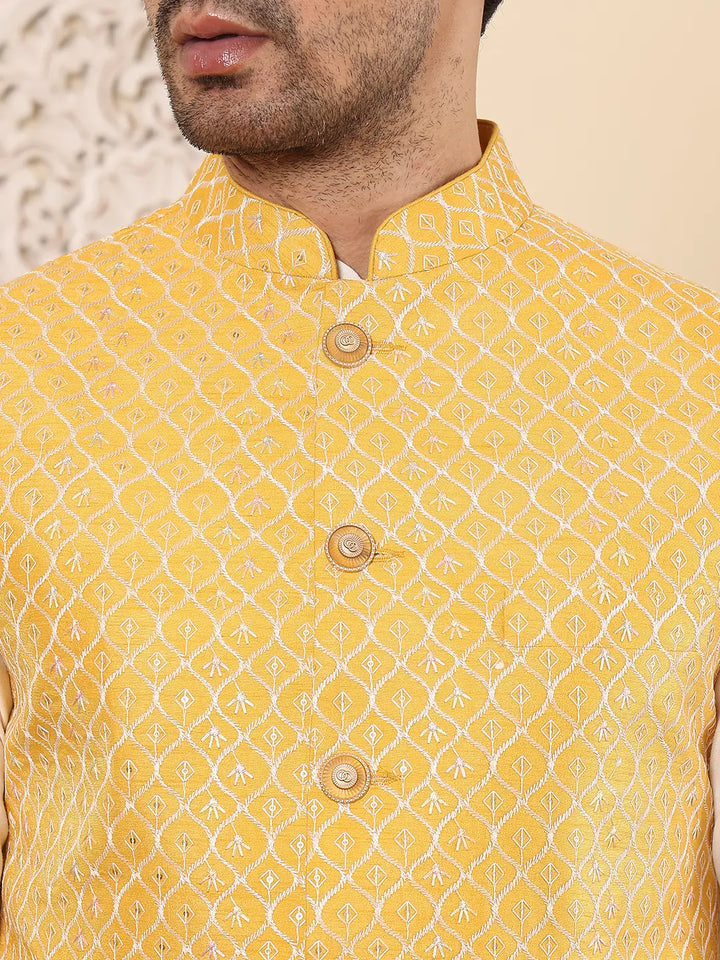 Men's Woven Design Yellow Embroidered Nehru Jacket