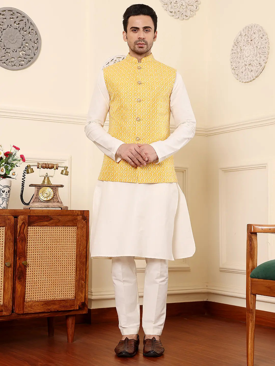 Men's Woven Design Yellow Embroidered Nehru Jacket