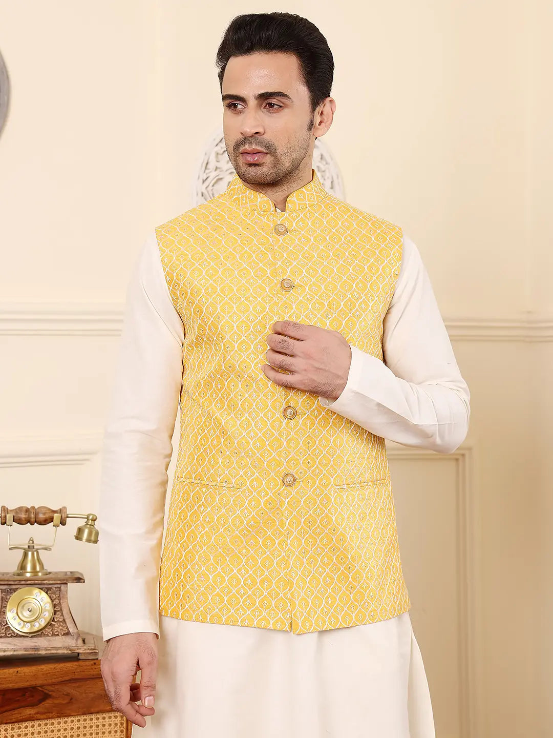 Men's Woven Design Yellow Embroidered Nehru Jacket
