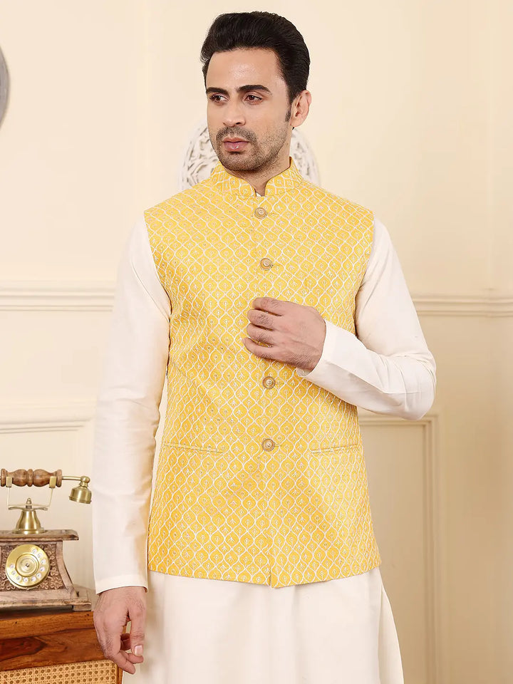 Men's Woven Design Yellow Embroidered Nehru Jacket