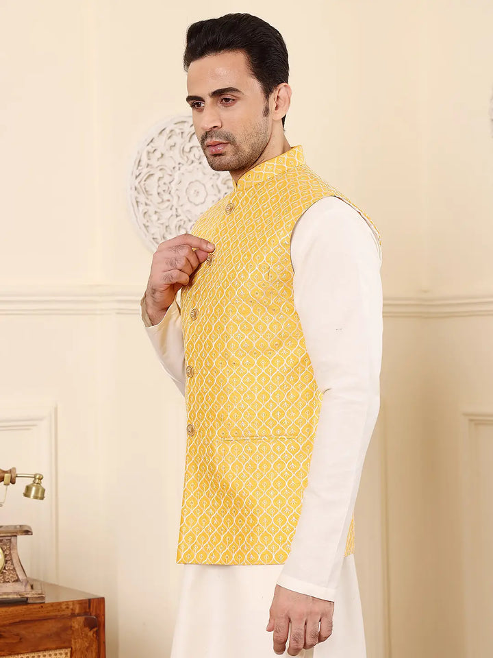 Men's Woven Design Yellow Embroidered Nehru Jacket