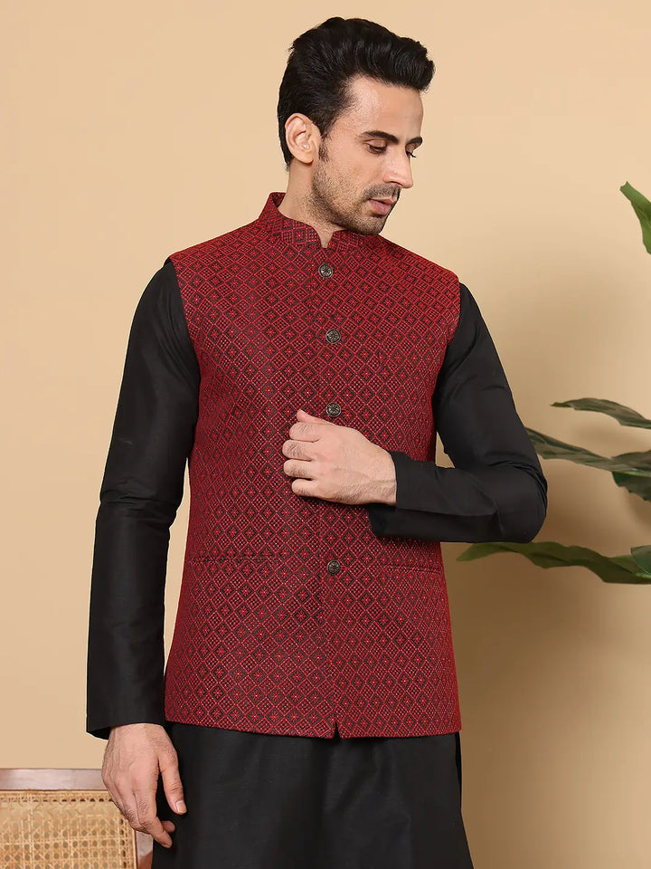 Men's Woven Design Black and Red Embroidered Nehru Jacket