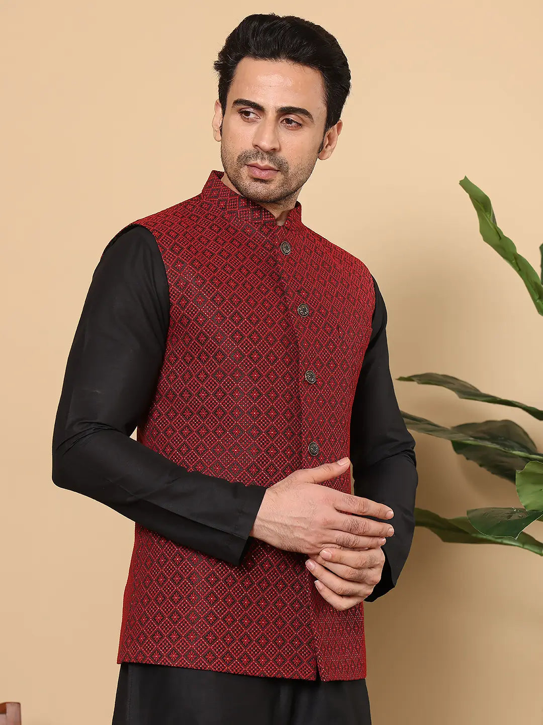 Men's Woven Design Black and Red Embroidered Nehru Jacket