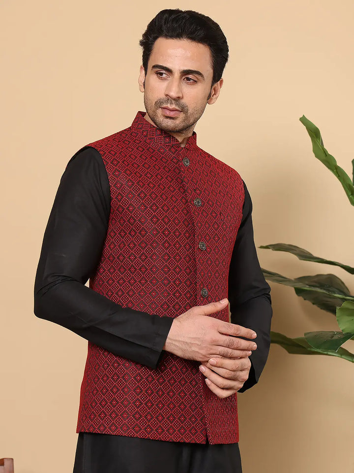 Men's Woven Design Black and Red Embroidered Nehru Jacket