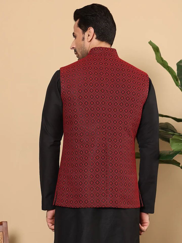 Men's Woven Design Black and Red Embroidered Nehru Jacket