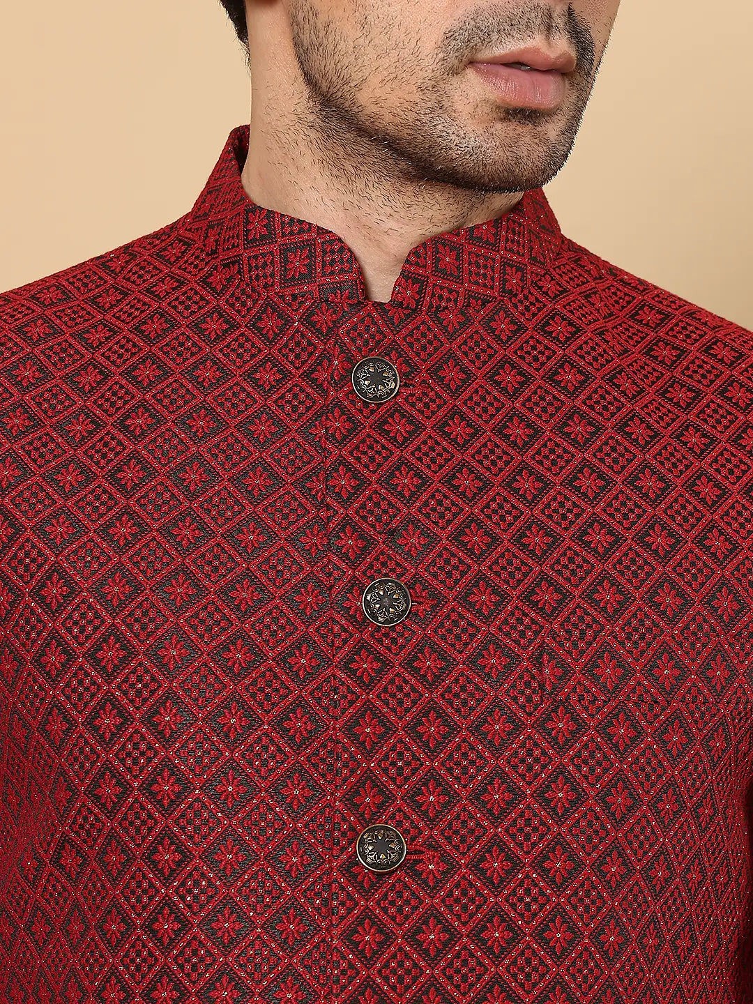 Men's Woven Design Black and Red Embroidered Nehru Jacket