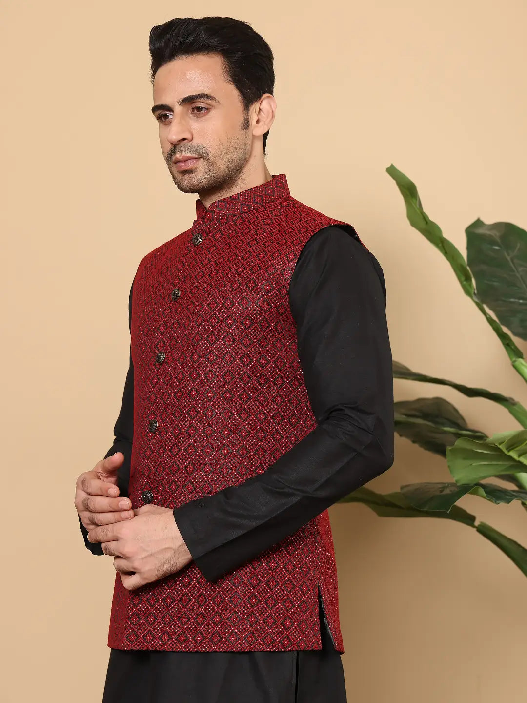 Men's Woven Design Black and Red Embroidered Nehru Jacket