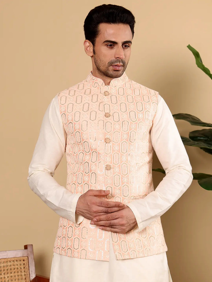 Men's Woven Design Light Pink Embroidered Nehru Jacket