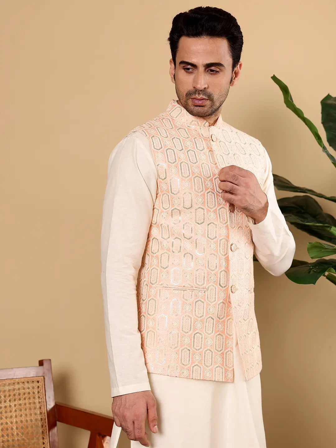Men's Woven Design Light Pink Embroidered Nehru Jacket