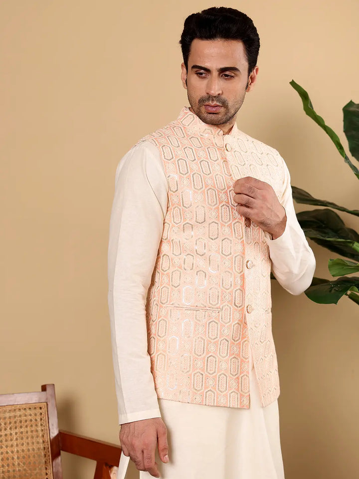 Men's Woven Design Light Pink Embroidered Nehru Jacket