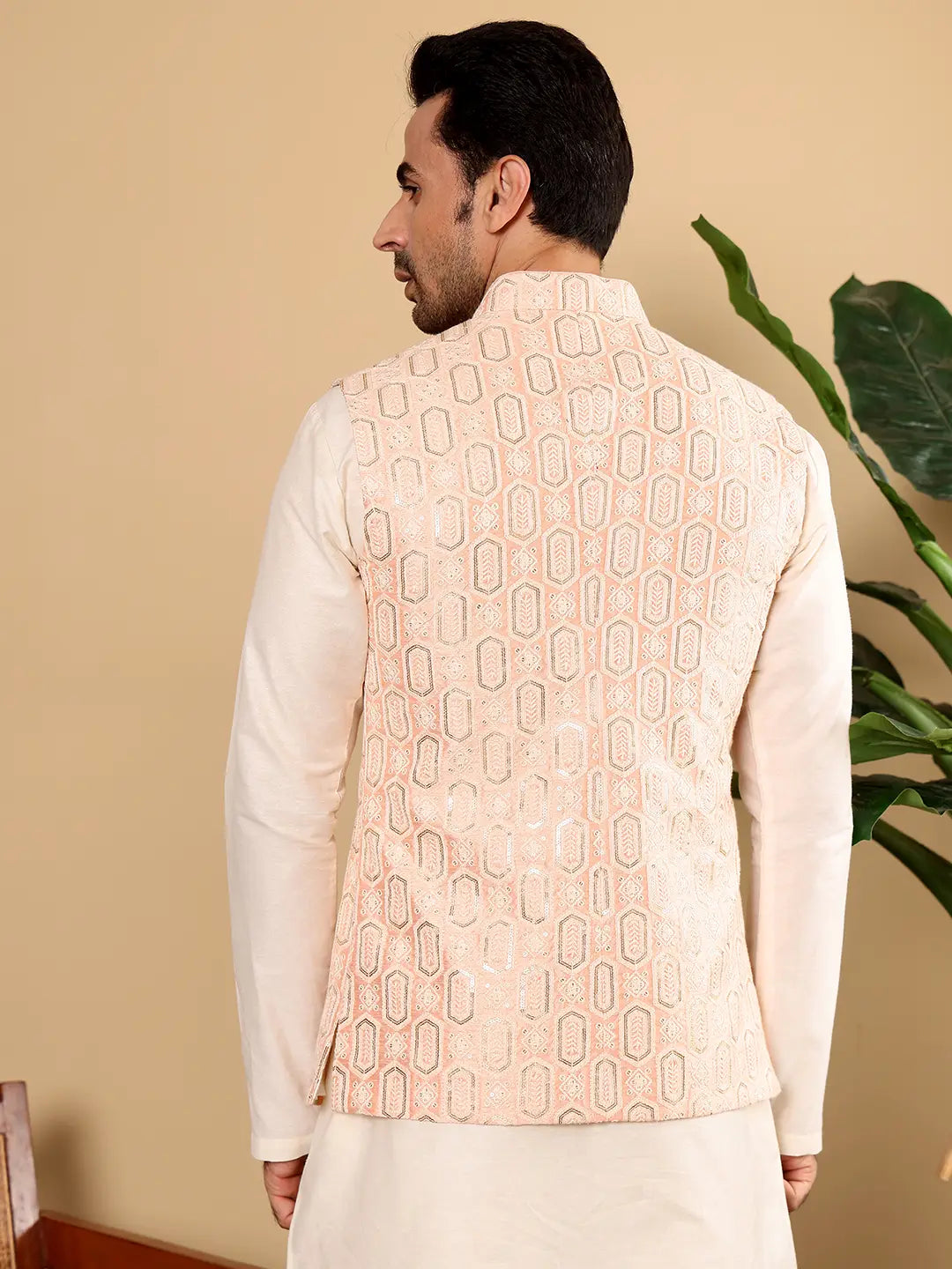 Men's Woven Design Light Pink Embroidered Nehru Jacket