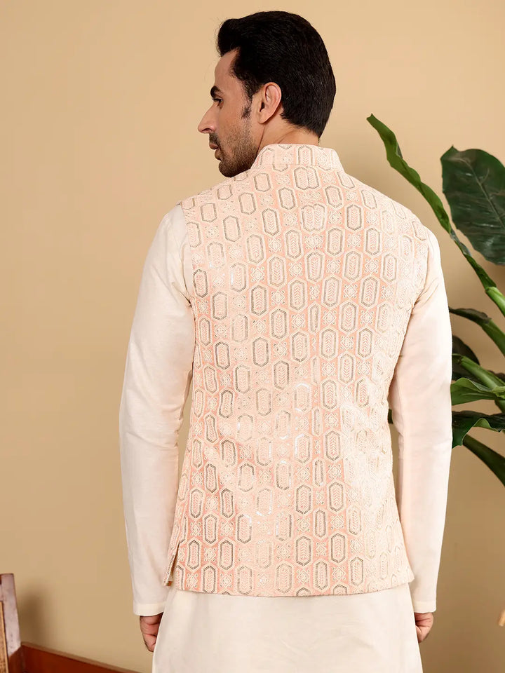 Men's Woven Design Light Pink Embroidered Nehru Jacket