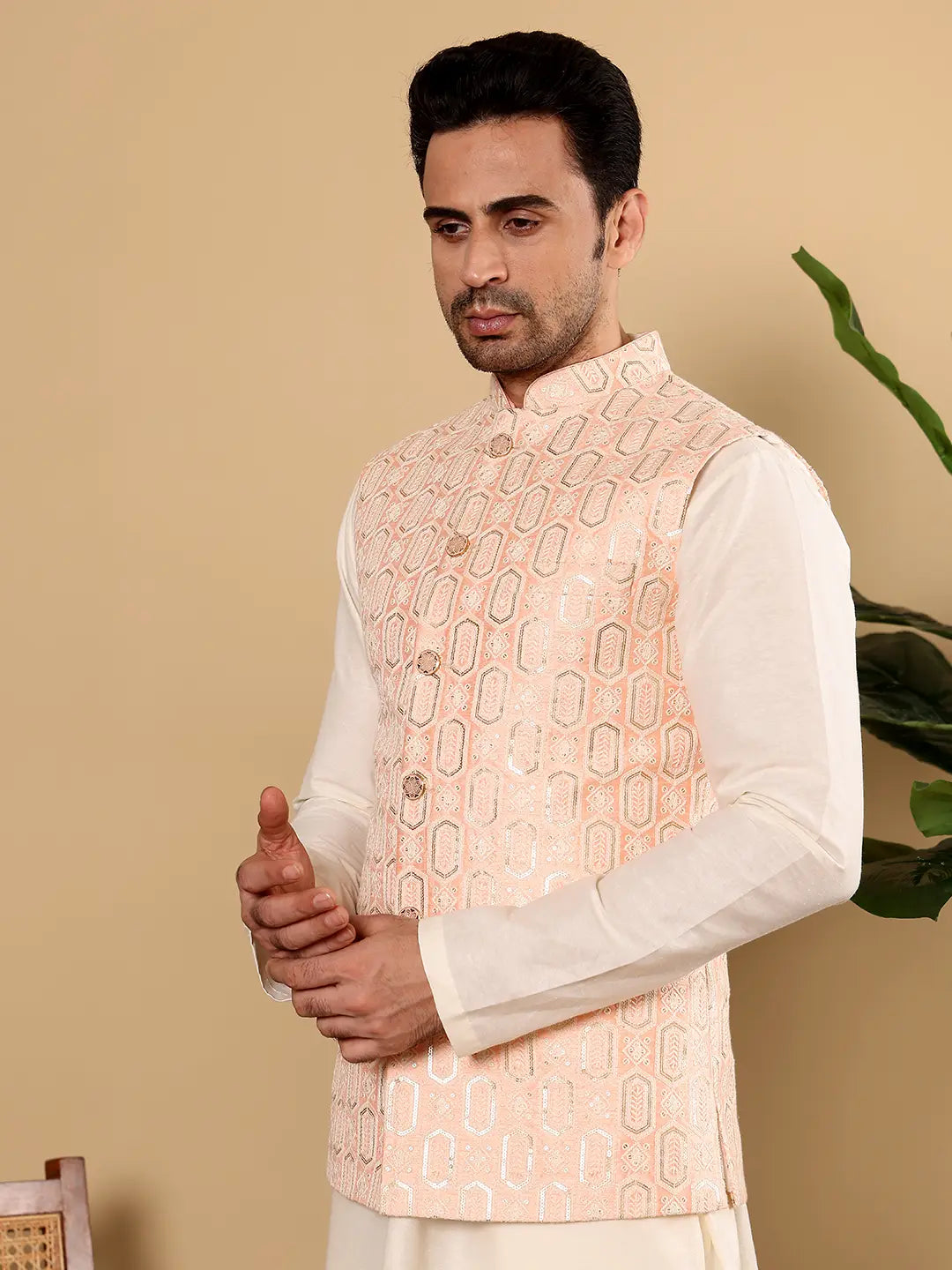 Men's Woven Design Light Pink Embroidered Nehru Jacket