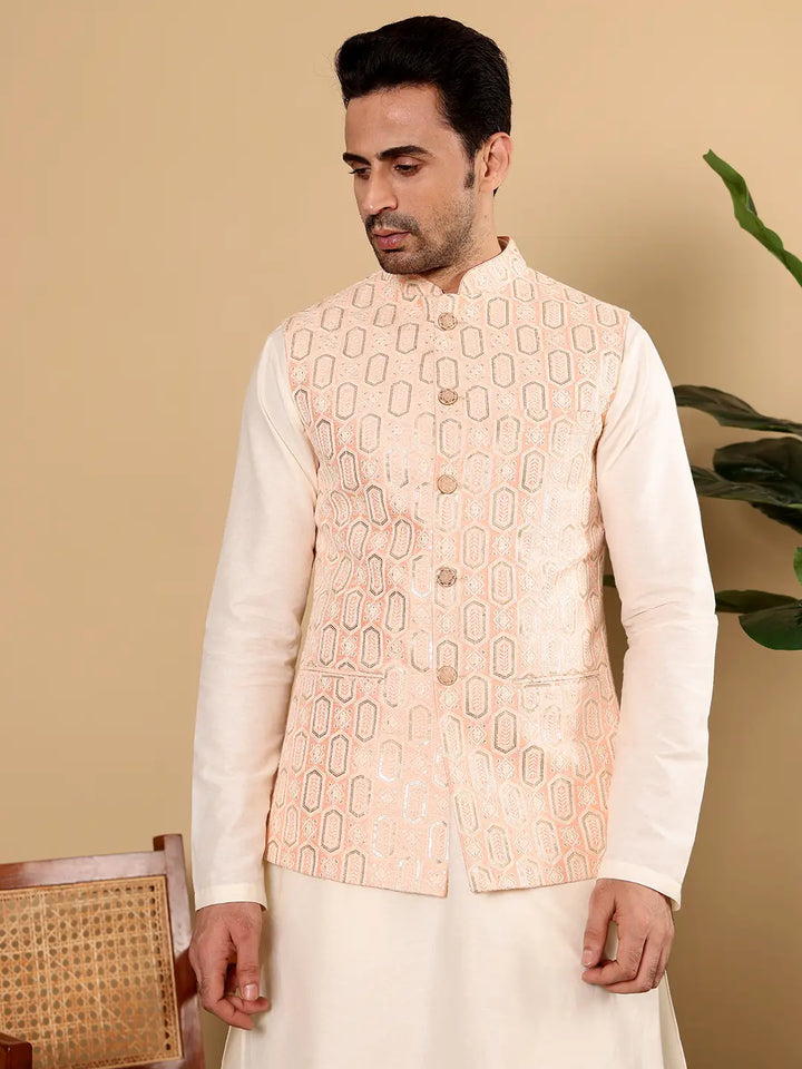 Men's Woven Design Light Pink Embroidered Nehru Jacket