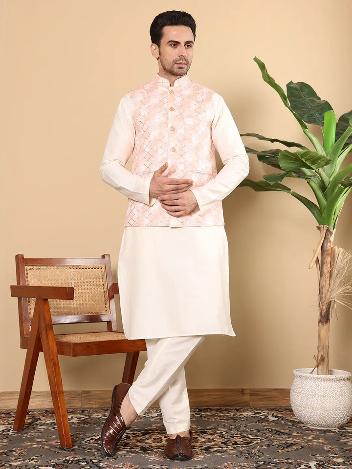 Men's Woven Design Peach Embroidered Nehru Jacket