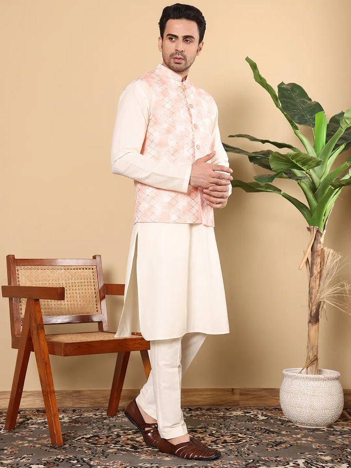 Men's Woven Design Peach Embroidered Nehru Jacket