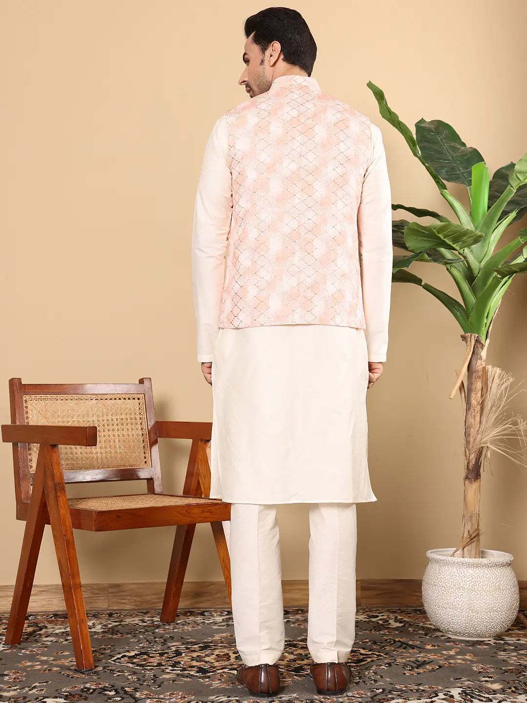 Men's Woven Design Peach Embroidered Nehru Jacket