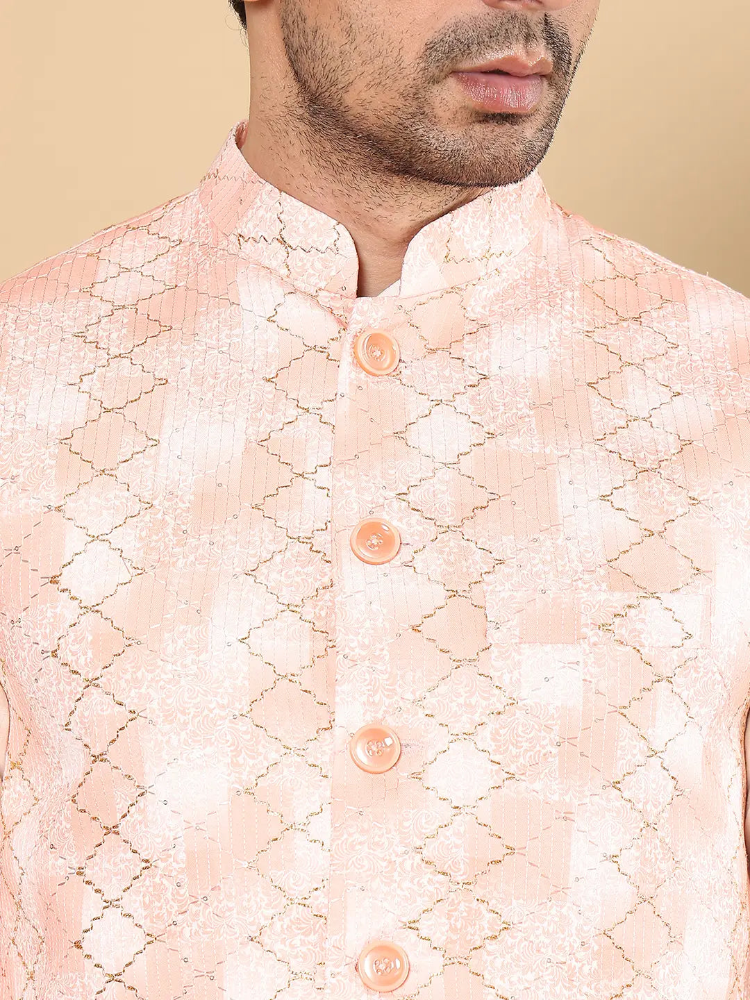 Men's Woven Design Peach Embroidered Nehru Jacket