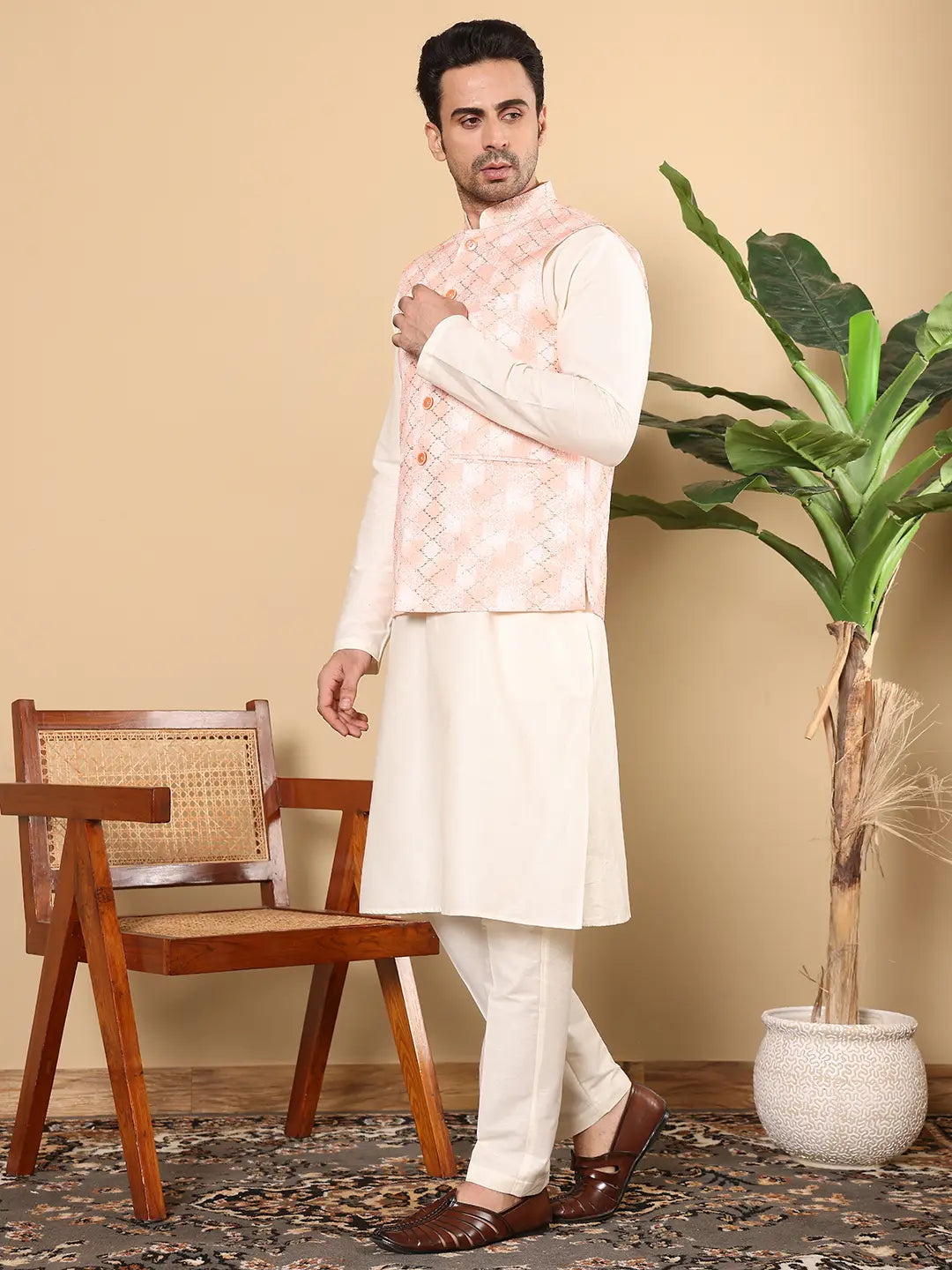 Men's Woven Design Peach Embroidered Nehru Jacket