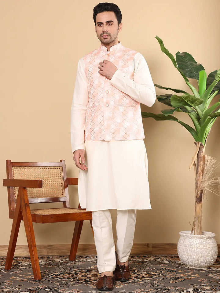 Men's Woven Design Peach Embroidered Nehru Jacket