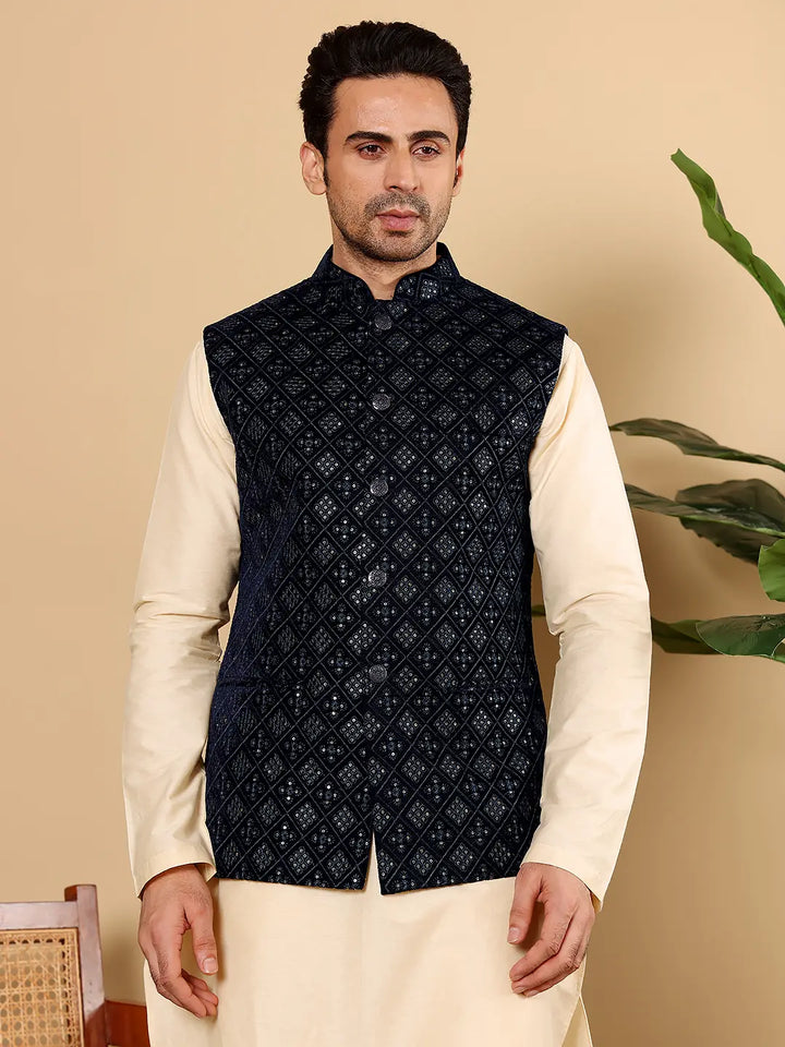 Men's Woven Design Black Embroidered Nehru Jacket