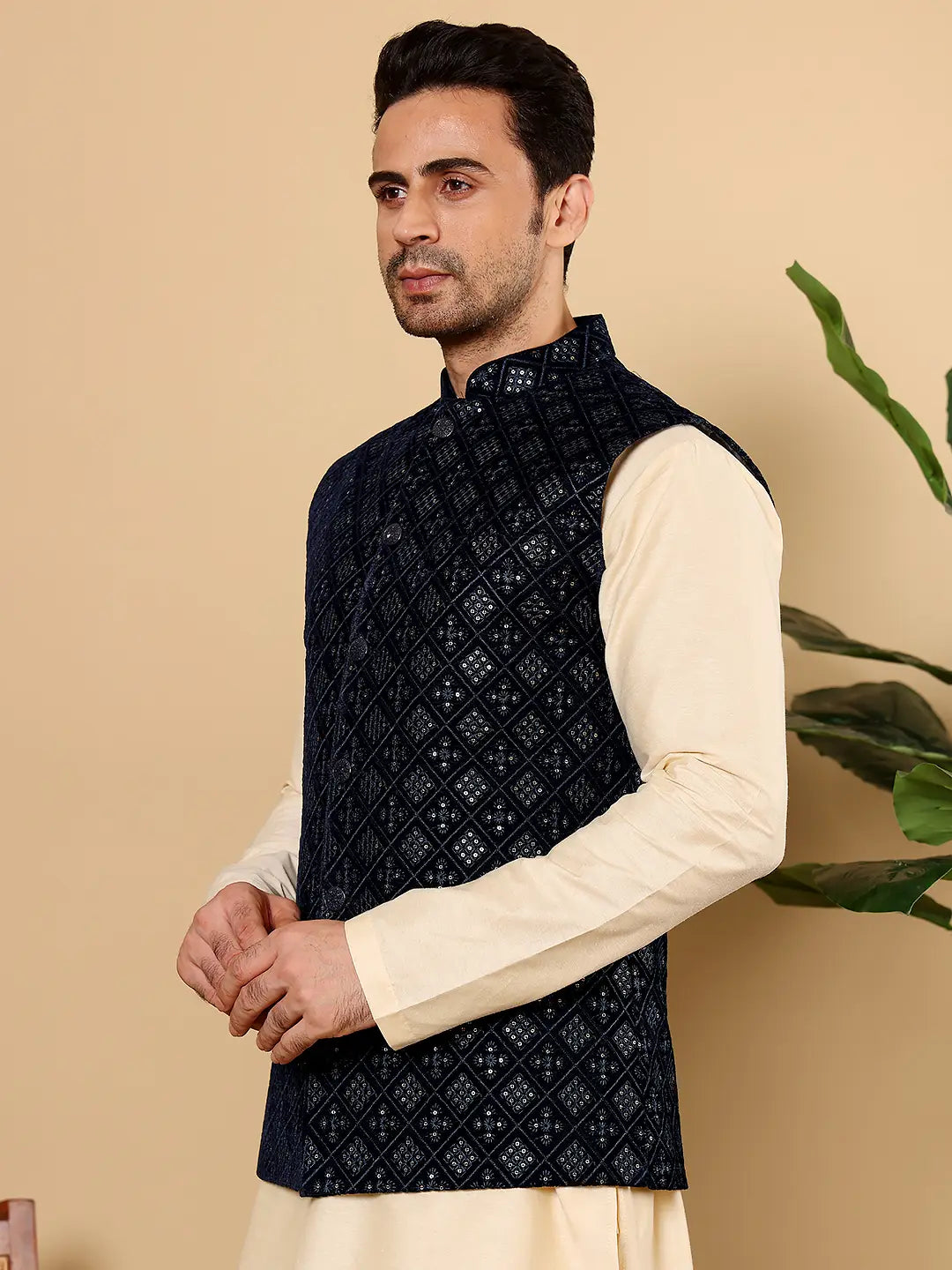 Men's Woven Design Black Embroidered Nehru Jacket