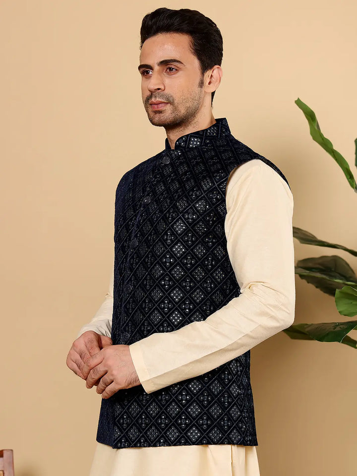 Men's Woven Design Black Embroidered Nehru Jacket