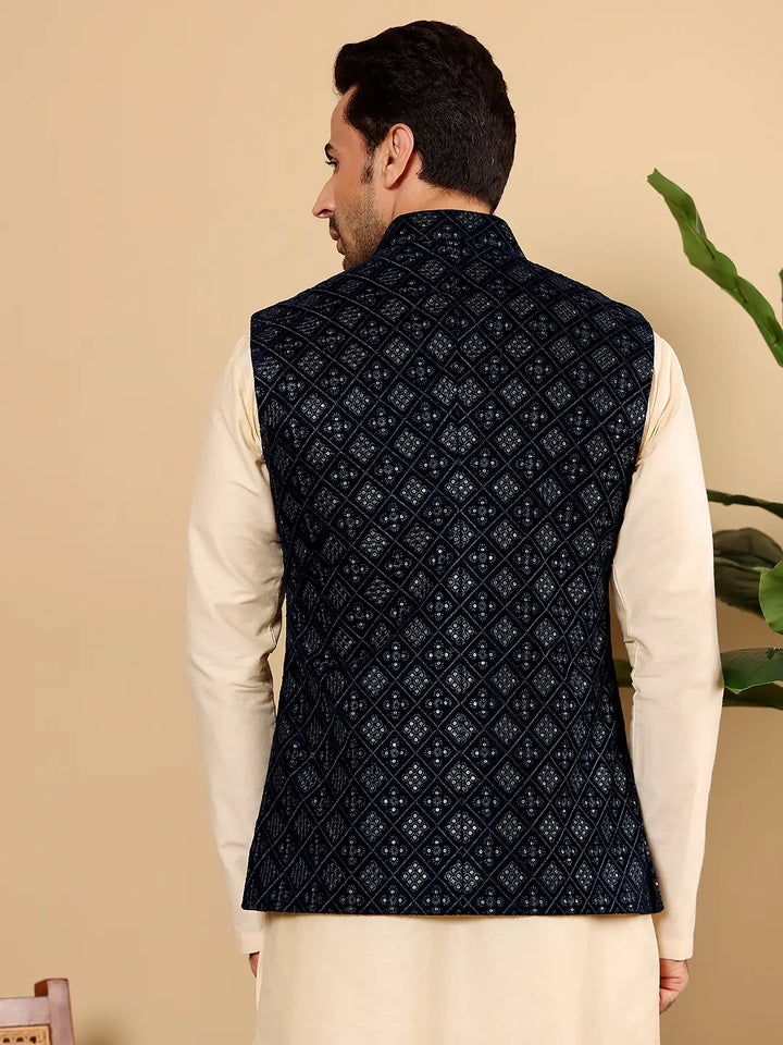 Men's Woven Design Black Embroidered Nehru Jacket