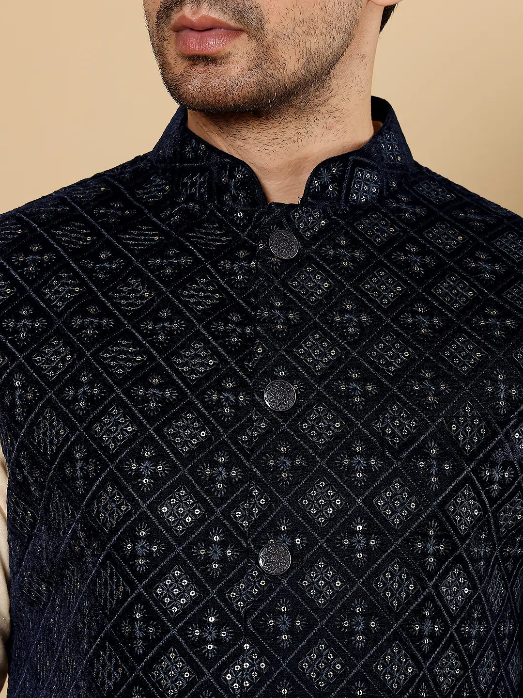 Men's Woven Design Black Embroidered Nehru Jacket