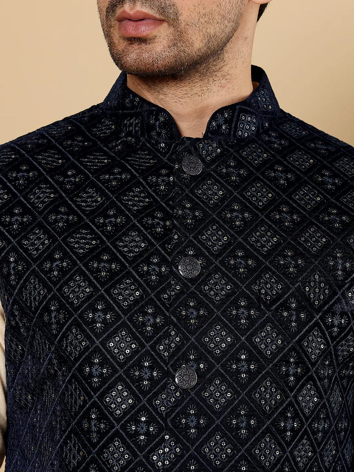 Men's Woven Design Black Embroidered Nehru Jacket