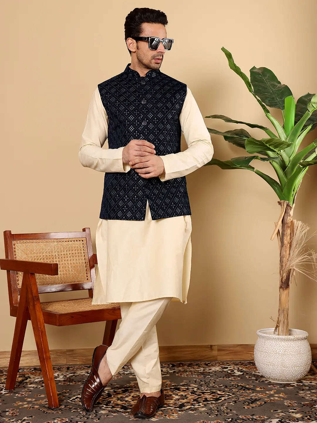 Men's Woven Design Black Embroidered Nehru Jacket