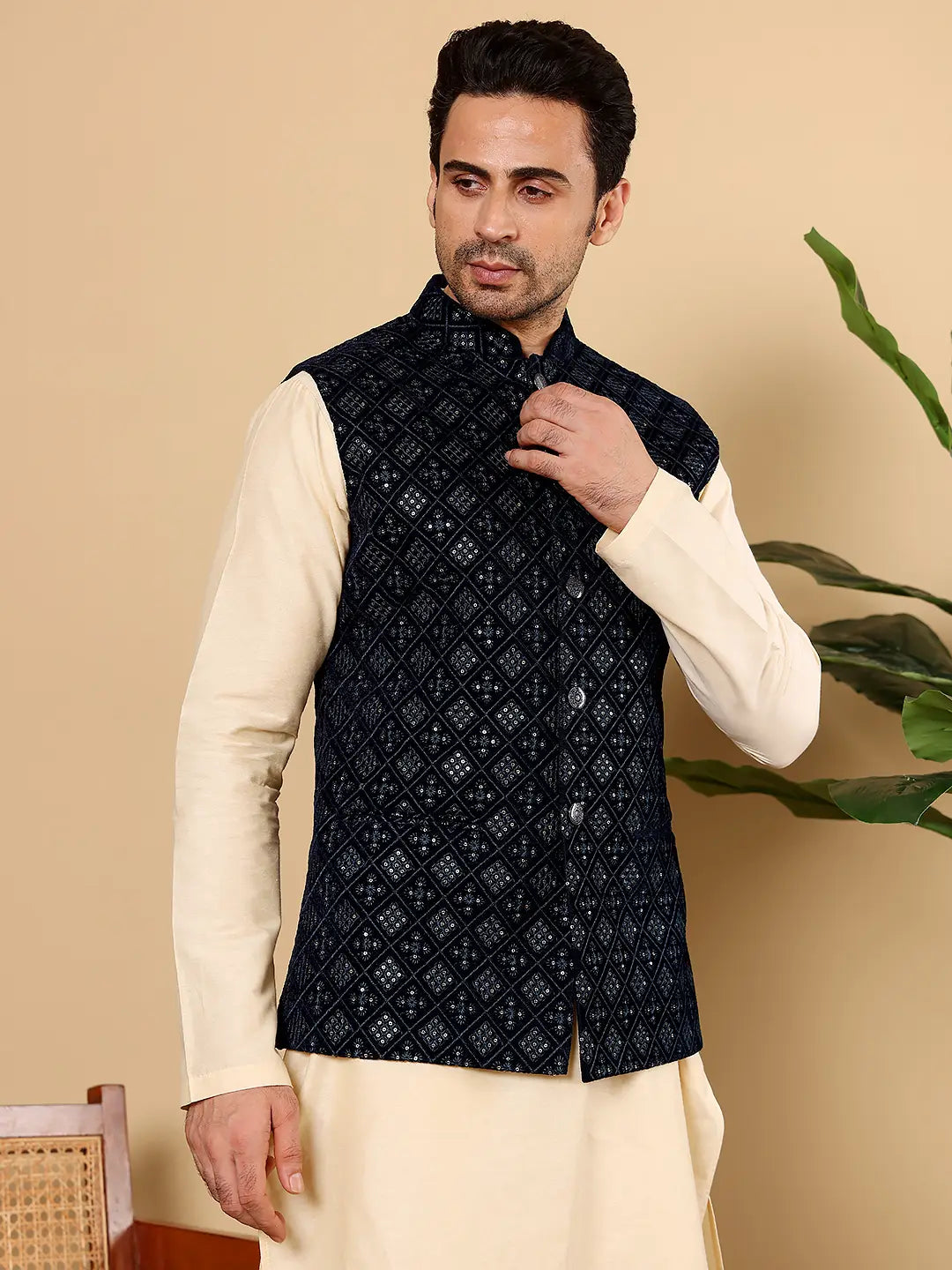 Men's Woven Design Black Embroidered Nehru Jacket