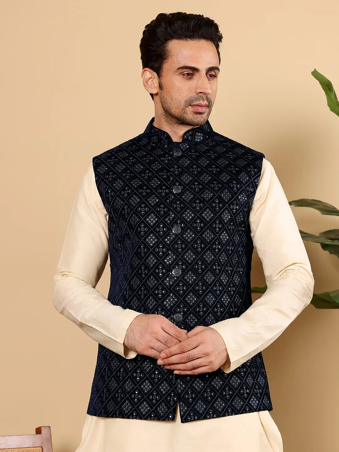 Men's Woven Design Black Embroidered Nehru Jacket