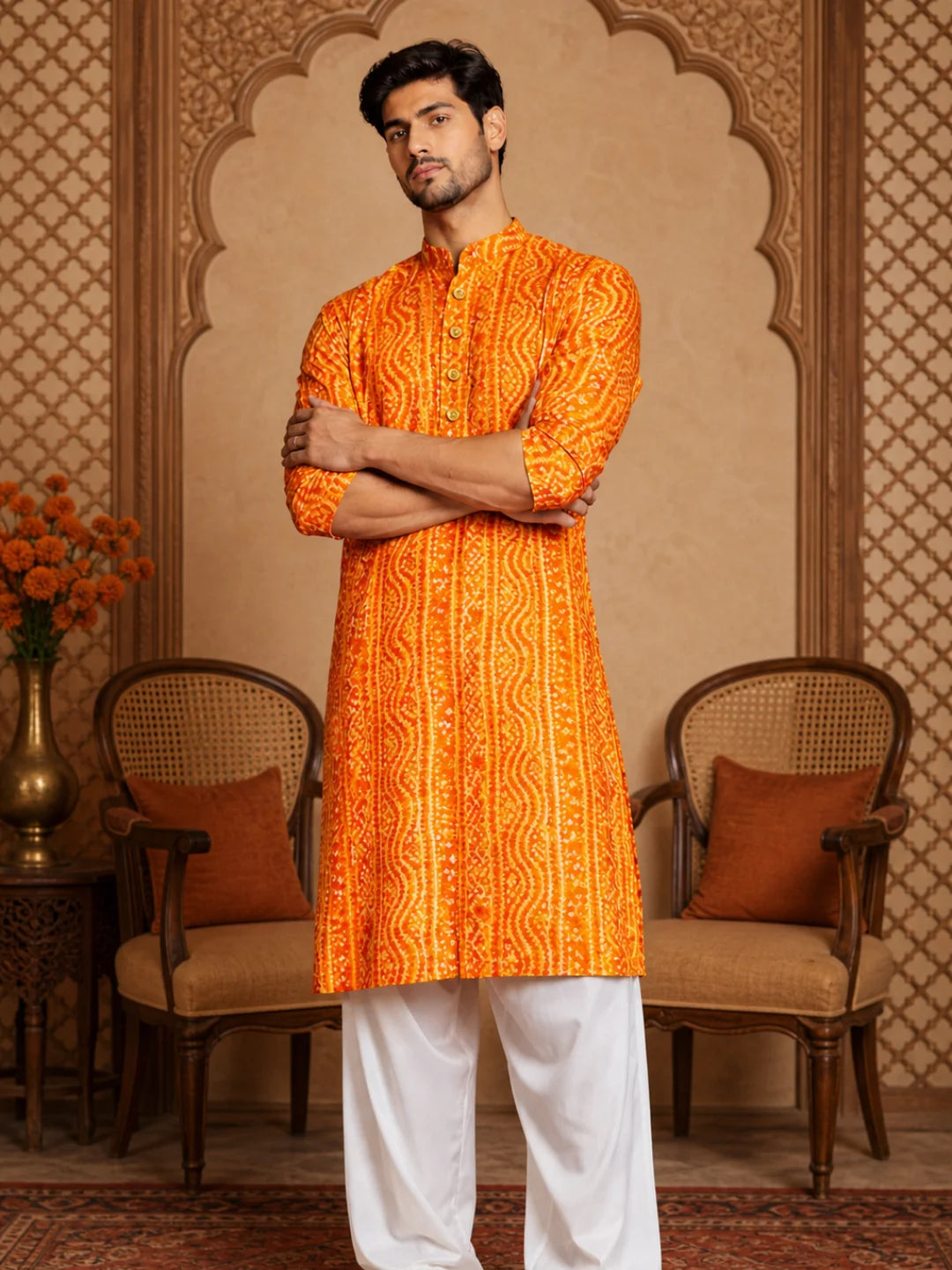 Mustard Cotton Festive Kurta for Men