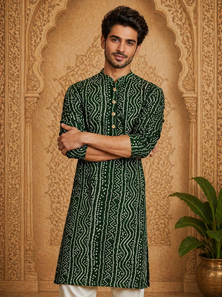 Green Cotton Printed Kurta for Men