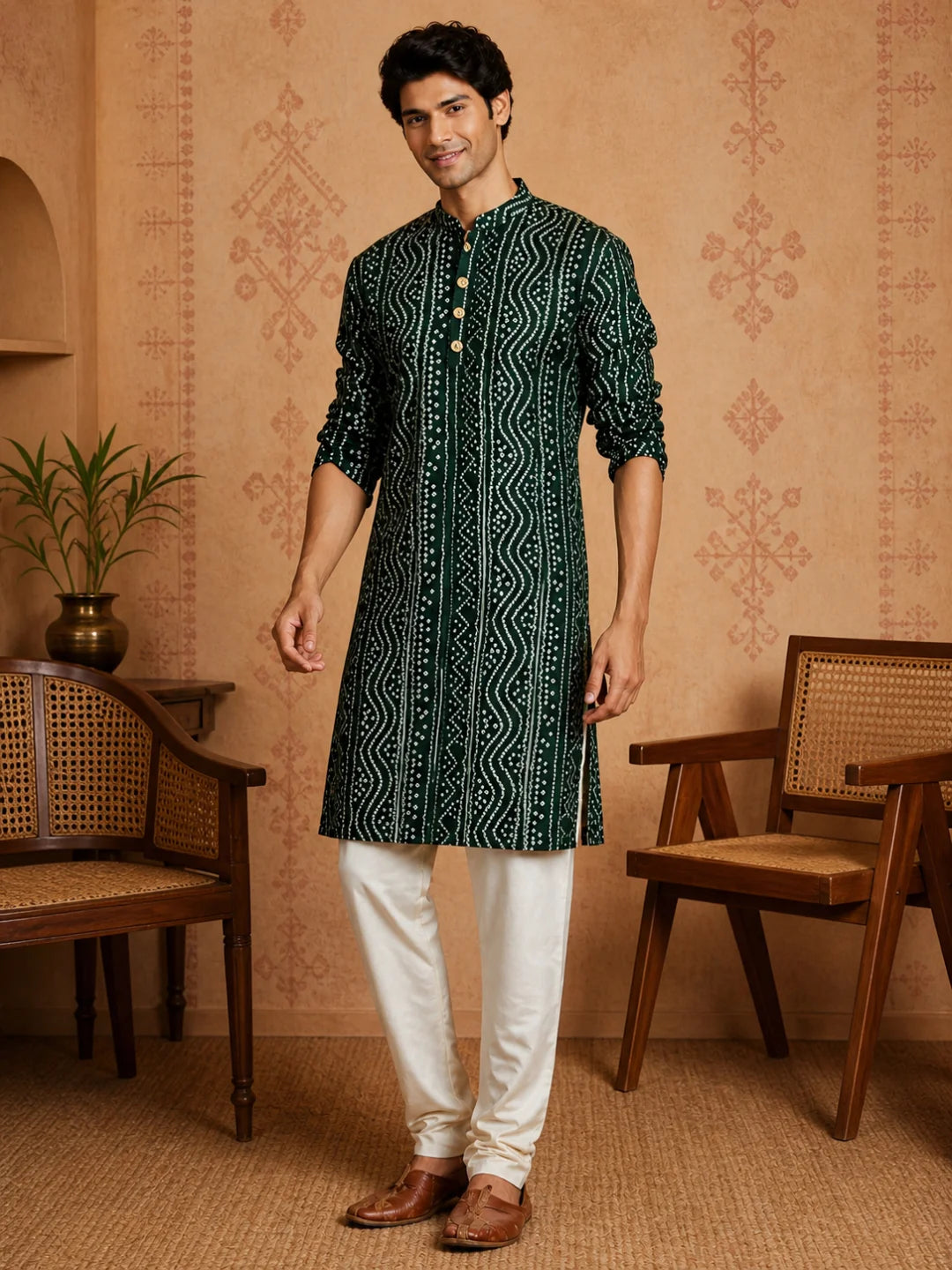 Green Cotton Printed Kurta for Men