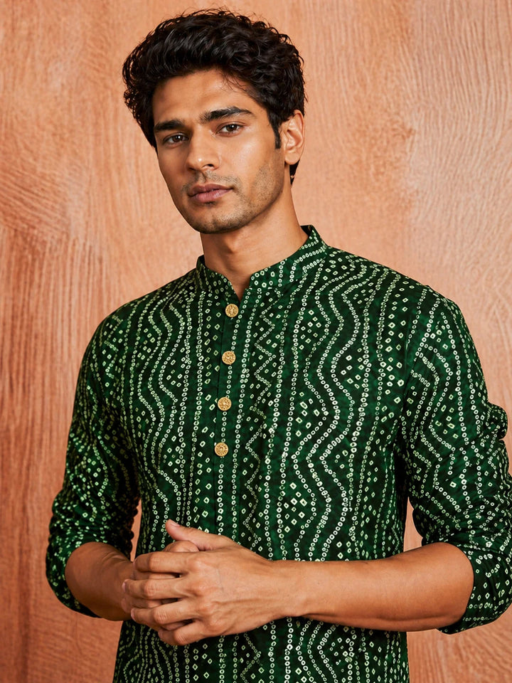 Green Cotton Printed Kurta for Men