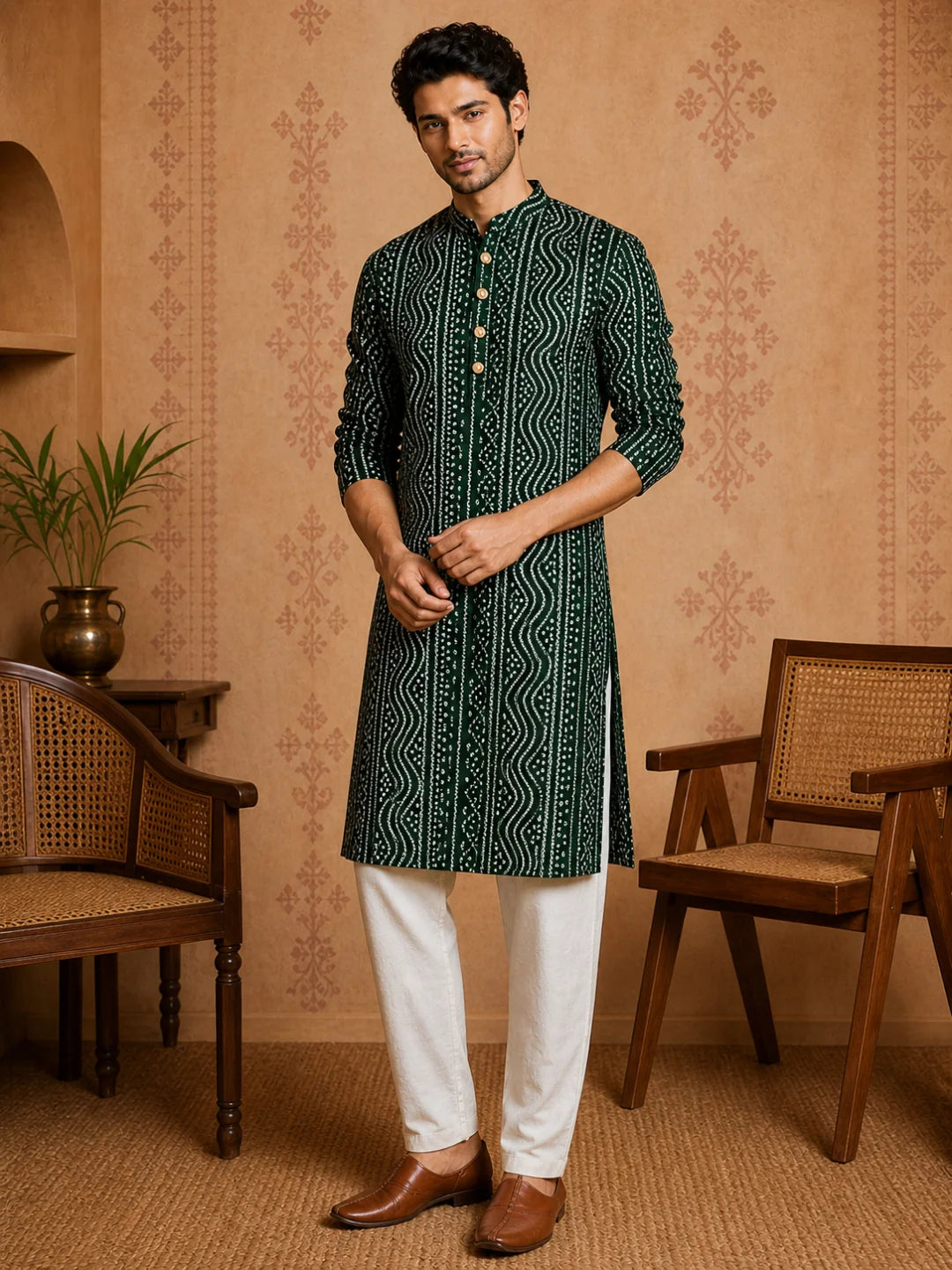 Green Cotton Printed Kurta for Men
