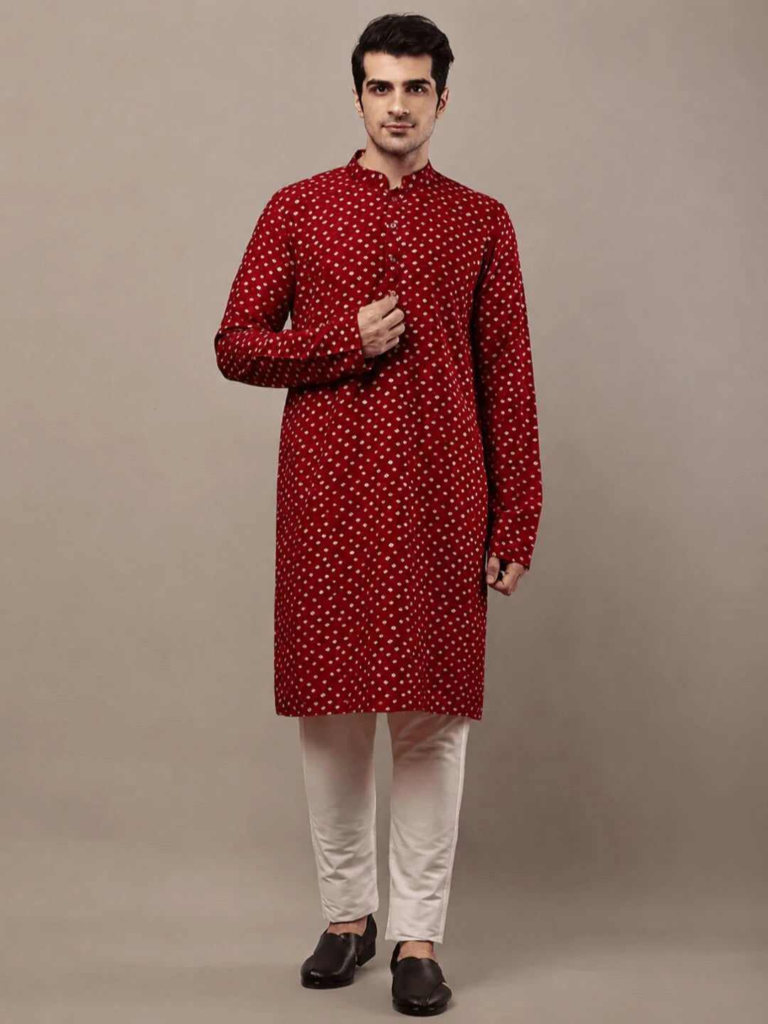 Red Cotton Printed Kurta for Men