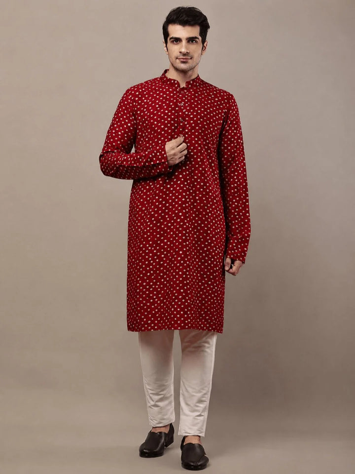 Red Cotton Printed Kurta for Men