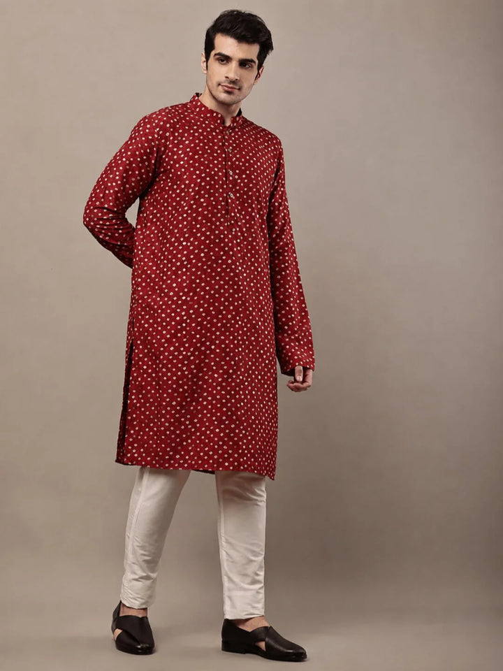 Red Cotton Printed Kurta for Men