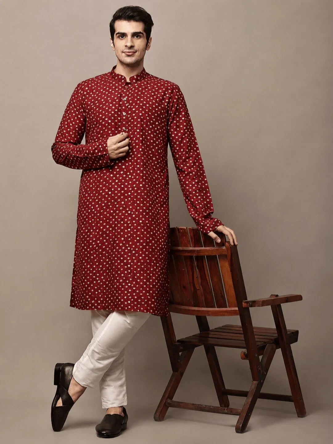 Red Cotton Printed Kurta for Men