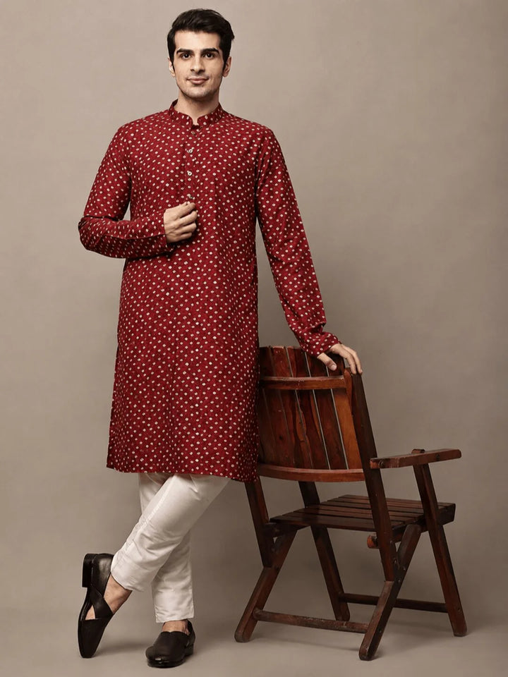 Red Cotton Printed Kurta for Men
