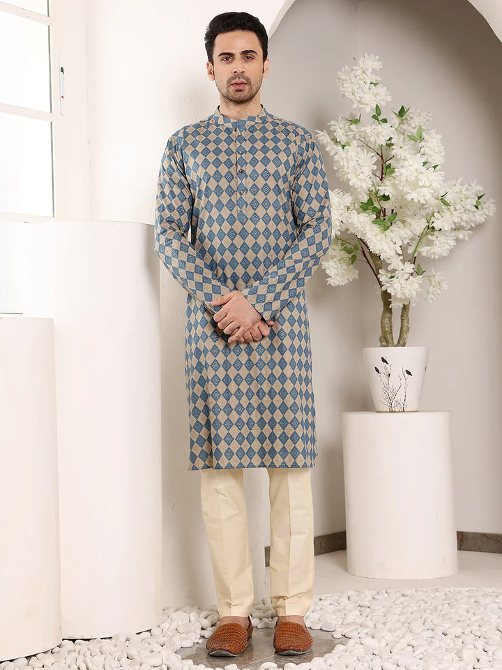 Men's Elegant Printed Blue and Cream Straight Cotton Kurta,Cream solid trouser style churidar