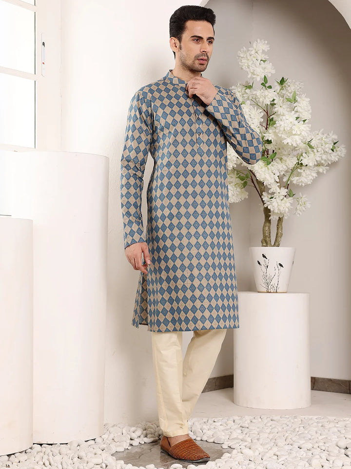 Men's Elegant Printed Blue and Cream Straight Cotton Kurta,Cream solid trouser style churidar