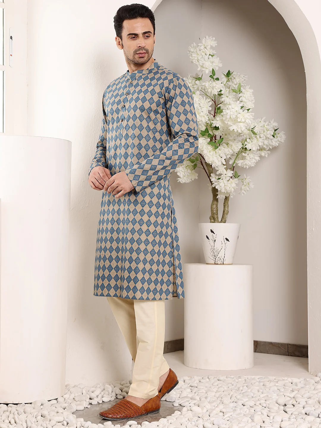 Men's Elegant Printed Blue and Cream Straight Cotton Kurta,Cream solid trouser style churidar